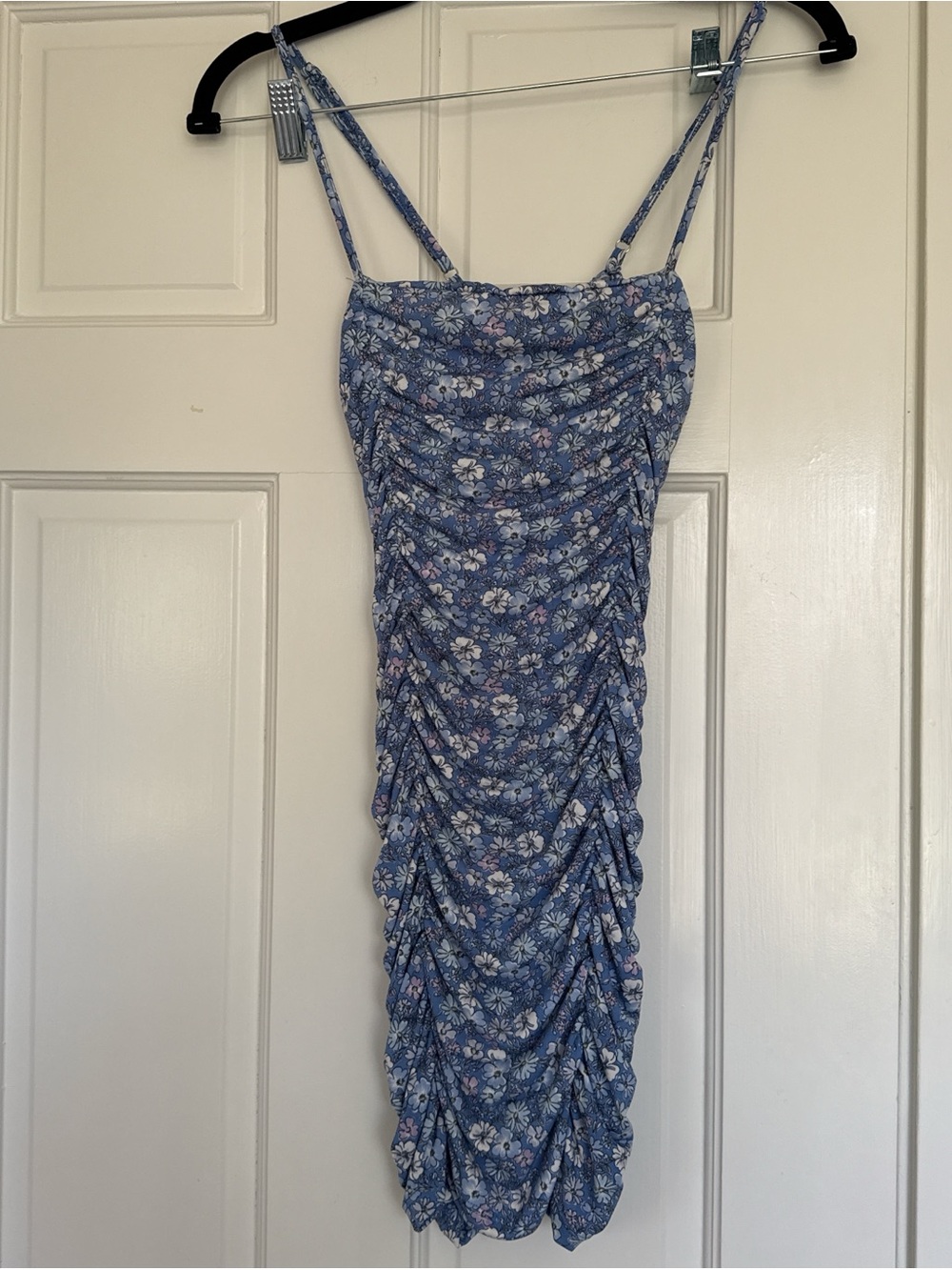 Blue Floral Ruched Mini Slip Dress with Spaghetti Straps